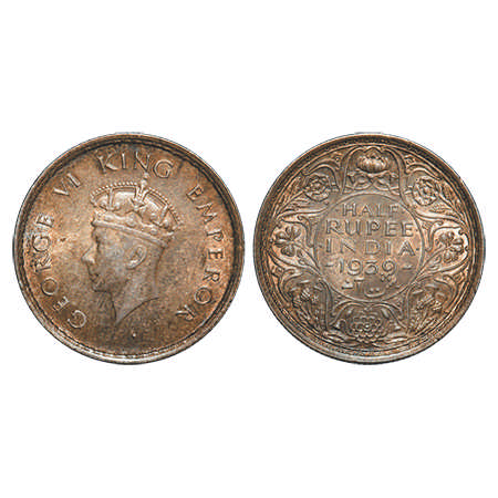 George VI, Silver, Half Rupee, 1939, Bombay Mint, A/I, Head Type I, Dot, Milled edge. F. P