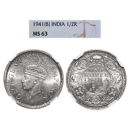 George VI, Half Silver, Half Rupee, 1941, Bombay Mint, A(a)/I(i), Dot, Head Type II, Secur