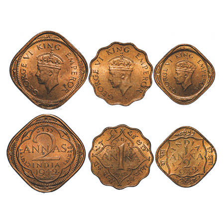 George VI, Copper-Nickel, 1942, (3 coins), Bombay Mint, 1) 2 Annas, Head Type II, Dots by 