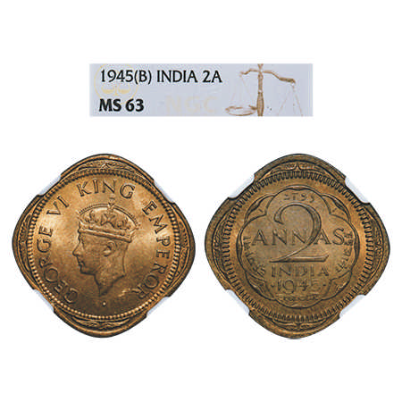 George VI, Brass-Nickel, 2 Annas, 1945, Bombay Mint, Head Type II, Dots by year, Tip of cr
