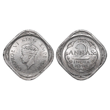 George VI, Copper-Nickel, 2 Annas, 1946, Calcutta Mint, Head Type II, No dots by year, Sec
