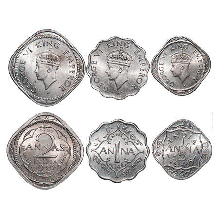 George VI, Copper-Nickel, 1946, (3 coins), Bombay Mint, 1) 2 Annas, Head Type II, Dots by
