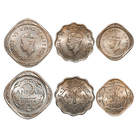 George VI, Copper-Nickel, 1947, (3 coins), Bombay Mint, 1) 2 Annas, Head Type II, Dots by 