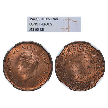 George VI, Bronze, Quarter Anna, 1940, Bombay Mint, Head Type I, Dot. F. Prid # 691. GK 14