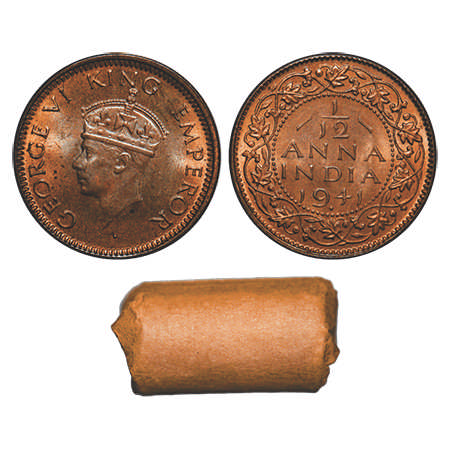 George VI, Bronze, 1/12 Anna, 1941, (roll of 24 coins), Bombay Mint, Head Type II, Dot, A 