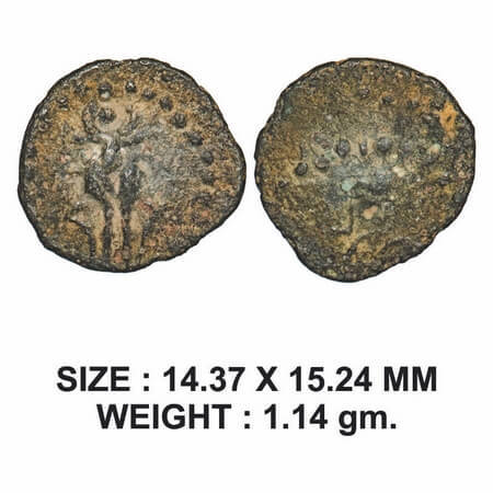 Western Kshatarapas, Damasena, Potin Unit, 1.14g, Obv: Front facing bull within dotted cir