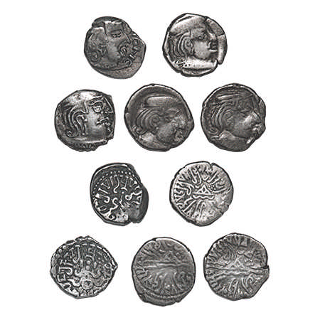 Western Kshatrapas, (5 Coins), Vishvasena and Rudrasena, Silver Drachma (3 coin) ; Guptas,