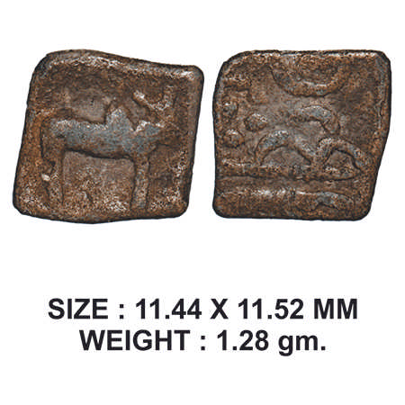 Western Kshatrapas, Rudrasena III, Lead Unit, 1.28g, Obv: Humped bull standing facing to r