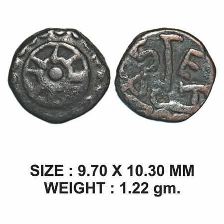 Nagas of Padmavati (Gwalior Region), Copper Kakini, 1.32g, Obv: Wheel around dotted border