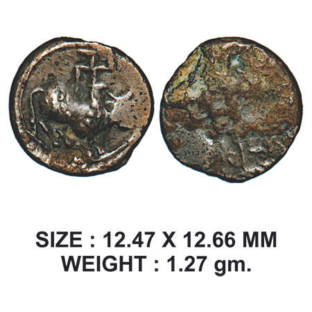 Post-Vakataka, Khandesh Region, Copper base Alloyed, 1.27g, Obv: Humped bull standing faci