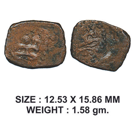 Post-Gupta, Khandesh region, Copper, 1.58g, Obv: Seated goddess holding lotus, Rev: Seated
