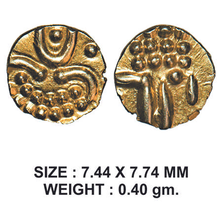 Cochin, Vira Raya Gold Fanam, 0.40g, Obv: Three rows of dots, Rev: stylized Kali. Extremel