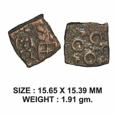 Post-Mauryan, Ujjaini Region, Copper Unit, 1.91g, Obv: Crude dipiction of female goddess b