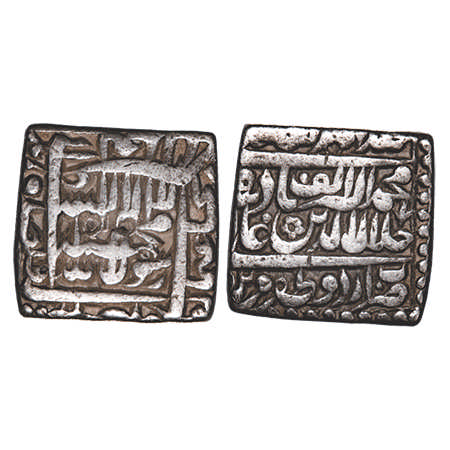 Akbar, Silver Square Rupee, 11.24g, Urdu Zafar Qarin Mint, AH Alf (1000). KM 82.9. About V