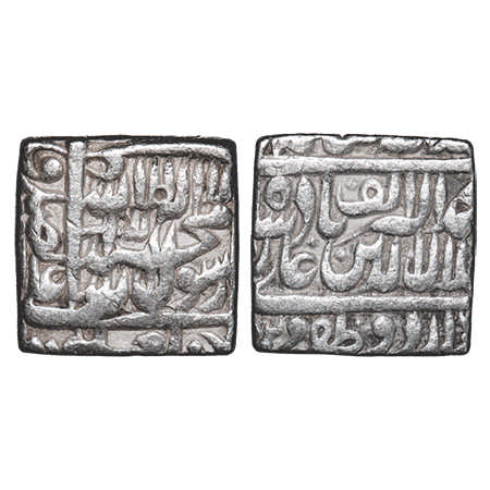 Akbar, Silver Square Rupee, 11.36g, Urdu Zafar Qarin Mint, AH Alf. A. Liddle S35. About Ve