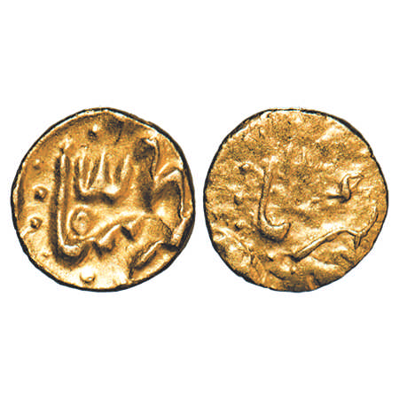Muhammad Shah, Gold Fanam, 0.19g, Kharpa Mint. KM Unlisted. About Extremely Fine, Rare.