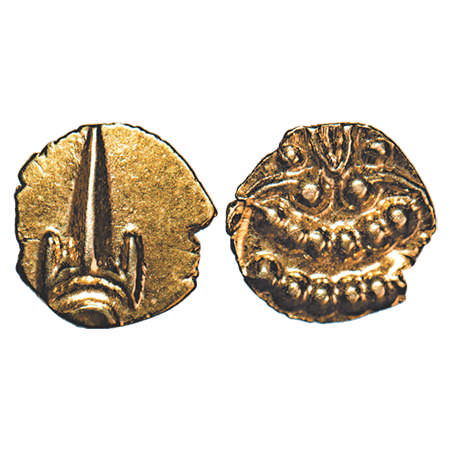 Marathas of Tanjore, Gold Fanam, 0.38g, sword & crude figure on other side. M&W T2a. Extre