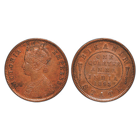 Bikanir, Copper ¼ Anna, 6.47g, Ganga Singh ( VS 1944-1999 / 1887-1942 AD), 1895 AD, with t