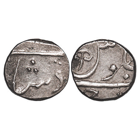 Broach, Silver ½ Rupee, 5.73g, Bharuch Mint, INO Shah Alam II, scimitar mint mark. KM Unli