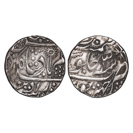 Chhatarpur, Silver Rupee, 11.27g, INO Shah Alam II, 3 RY, Flower & Chakra on obv. KM Unlis