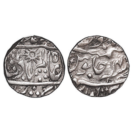 Chhatarpur, Silver Rupee, 11.17g, Hammered dump coinage, 14 RY, Flower & Chakra on obv, tr