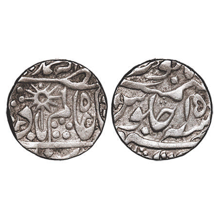Chhatarpur, Silver Rupee, 11.14g, INO Shah Alam II, 15 RY, Flower & Chakra on obv. KM Unli