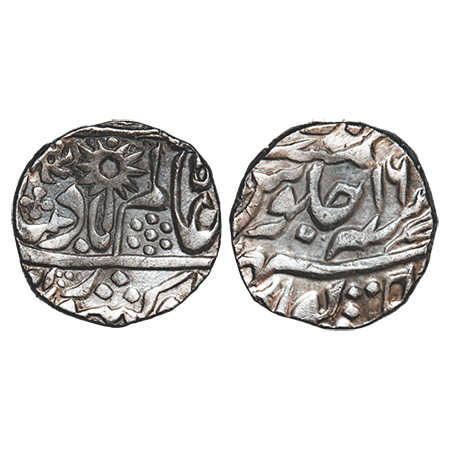 Chhatarpur, Silver Rupee, 11.32g, INO Shah Alam II, 16 RY, flower, chakra & different symb