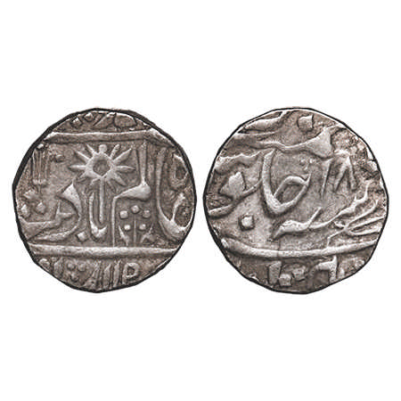 Chhatarpur, Silver Rupee, 11.13g, INO Shah Alam II, 18 RY, Flower, Chakra & trident on obv
