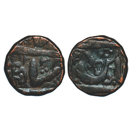 Indore, Copper ½ Anna, 15.54g, British Protectorate Issue, INO Shah Alam II, broad Axe on 