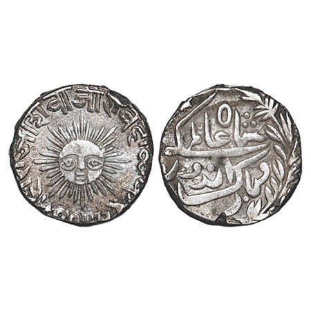Indore, Silver Rupee, 11.20g, Shivaji Rao Holkar, INO Shah Alam II, Obv: Sun face and surr