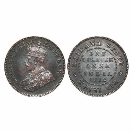Sailana, Copper ¼ Anna, 4.84g, Jaswant Singh (1890-1919 AD), 1912 AD, bust of George V on 