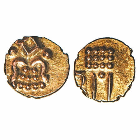 Travancore, Gold Kaliyan Panam, 0.35g, Obv: Stylised of Vishnupadam with a chakram and 10 