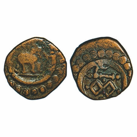 Travancore, Copper Thira Cash, 1.06g, Obv: Elephant to right, Rev: various symbols, BS 299