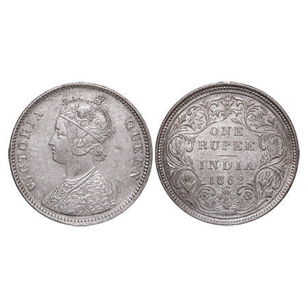 Victoria Queen, Silver, Rupee, 1862, Bombay Mint, A/II/0/4, w/o Initial 'J', Ghost on rev,