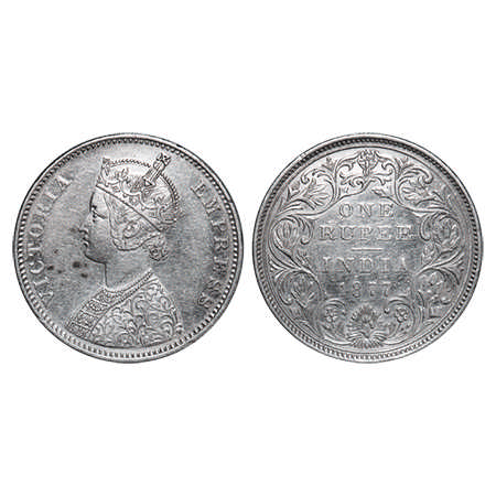 Victoria Empress, Silver, Rupee, 1877, Bombay Mint, A2/II, Dot. F. Prid # 149. GK 435. Ext