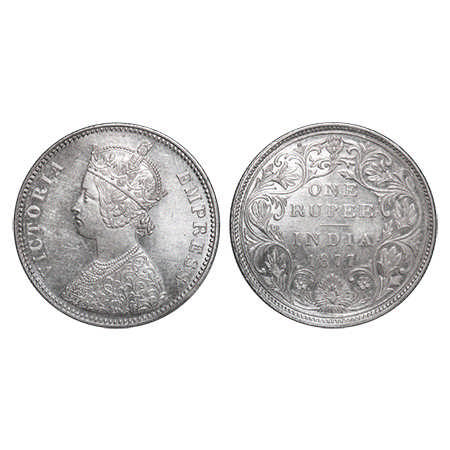 Victoria Empress, Silver, Rupee, 1877, Bombay Mint, A3/II, Dot. F. Prid # Unlisted. GK 437