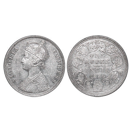 Victoria Empress, Silver, Rupee, 1880, Bombay Mint A3/II(i), Dot. F. Prid # 155. GK 465. A