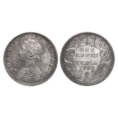 Victoria Empress, Silver, Rupee, 1889, Bombay Mint, C2/I, 'B' incused. F. Prid # 177. GK 5