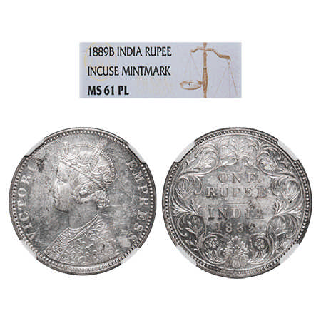 Victoria Empress, Silver, Rupee, 1889, Proof like, Bombay Mint, C2/I, 'B' incused. (GK 564