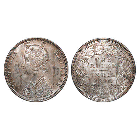 Victoria Empress, Silver, Rupee, 1890, Bombay Mint, C2/I, 'B' Incused. F. Prid # 178. GK 5