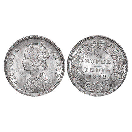 Victoria Queen, Silver, ¼ Rupee, 1862, Calcutta Mint, A/I. F. Prid # 376. GK 376. Uncircul