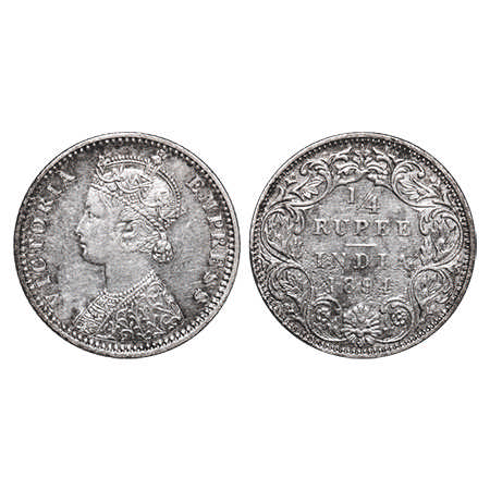 Victoria Empress, Silver, ¼ Rupee, 1894, Bombay Mint, C(i)/I, 'B' incused. F. Prid # 429. 