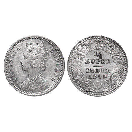 Victoria Empress, Silver, ¼ Rupee, 1896, Calcutta Mint, C/II, 'C' incused. F. Prid # 400. 