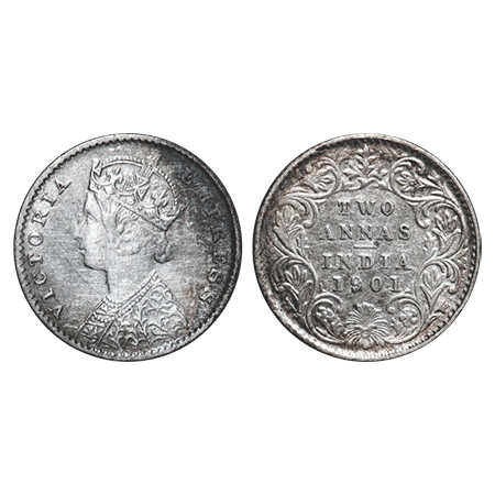 Victoria Empress, Silver, 2 Annas, 1901, Calcutta Mint, B/II, 'C' incused. F.Prid # 515. G