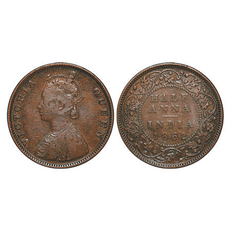 Victoria Queen, Copper, Half Anna, 1862, Madras Mint, A/I, Smugged type flowers. F. Prid #