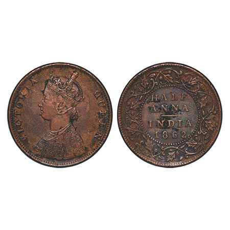 Victoria Queen, Copper, Half Anna, 1862, Madras Mint, A/I, Smugged type flowers. F. Prid #