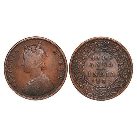 Victoria Queen, Copper, Half Anna, 1862, Madras Mint, A/I (i), Flowers with Five dots arro