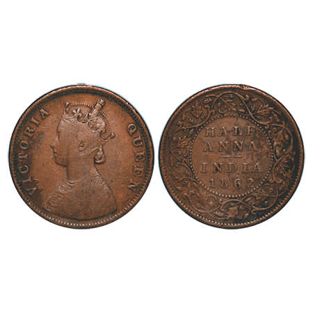 Victoria Queen, Copper, Half Anna, 1862, Madras Mint, A/I(i), Flowers with Five dots aroun
