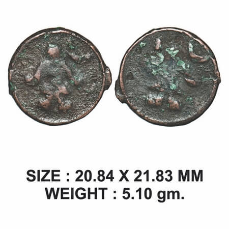 Pre-Kushan, Copper Darchma, 5.10g, Obv: Man standing left, hand on his hip, crescent in th