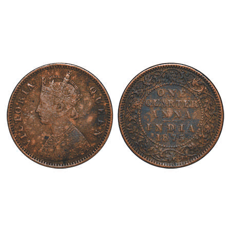 Victoria Queen, Copper, Quarter Anna, 1875, Calcutta Mint, B/II, No mint mark. F. Prid # 6